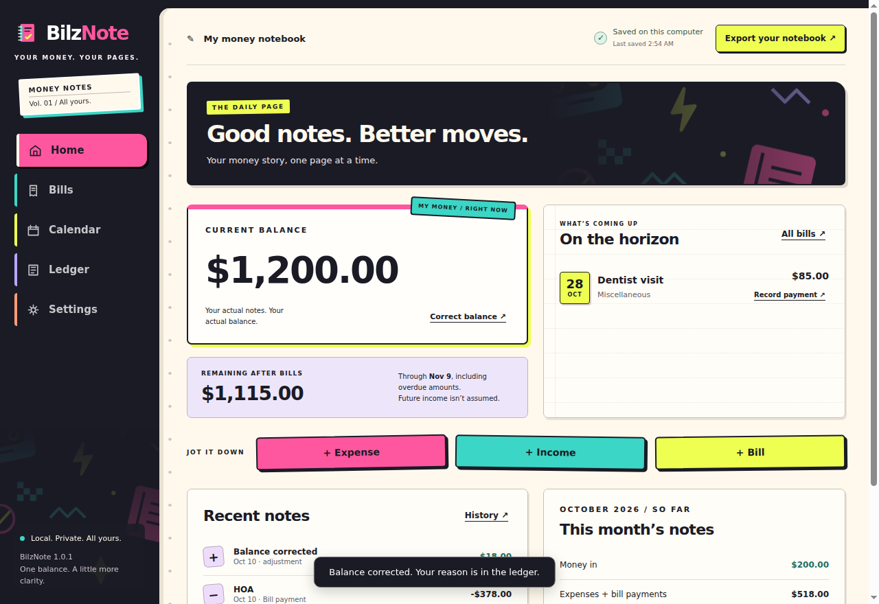 BilzNote Windows 1.0.1 money notebook with illustrative test data