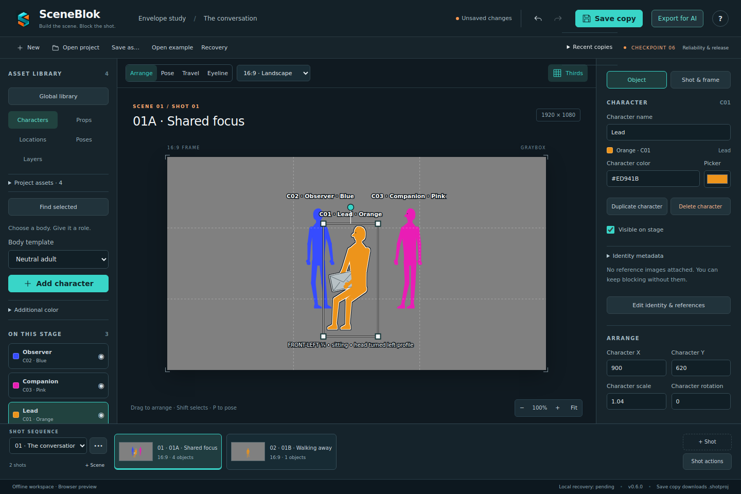 SceneBlok editor from the supplied release, showing its scene-blocking workspace